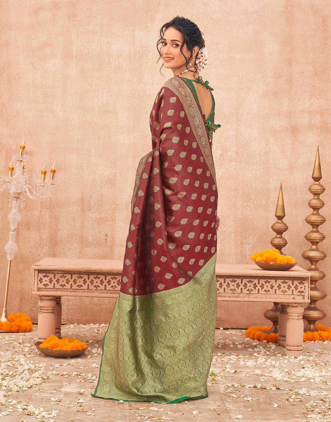 Women’s Maroon & Contrast Emerald Green Banarasi Soft Silk Saree with Gold Zari Work