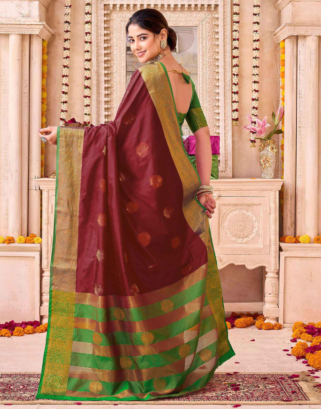 Women’s Maroon & Contrast Emerald Green Banarasi Soft Silk Saree with Gold Zari Work