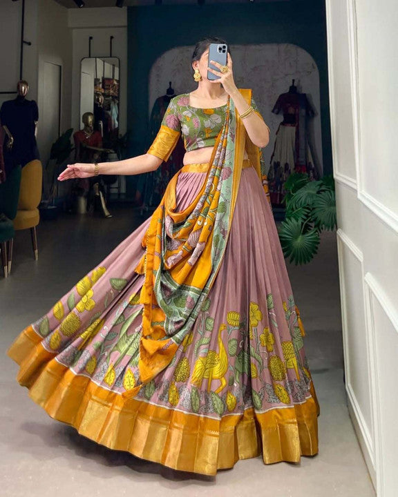 Dusty Mauve Pink & Mustard Yellow Kalamkari Silk Lehenga Set with Zari Kanchi Border