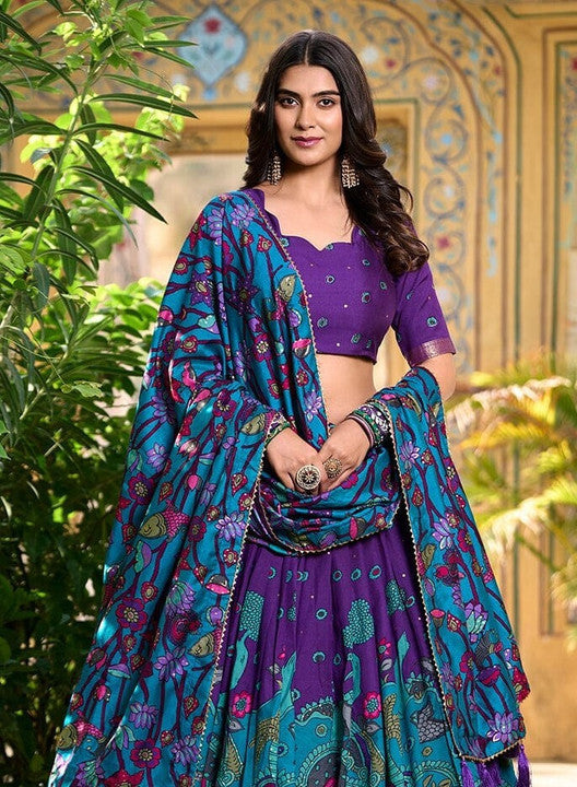 Purple & Peacock Blue Kalamkari Silk Lehenga Choli with Embroidered Blouse & Heavy Dupatta