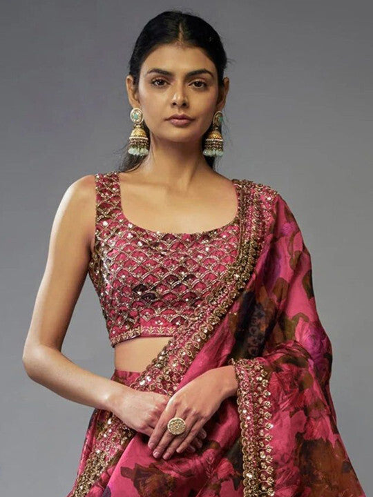 Dusty Rose Pink & Wine Floral Print Silk Organza Lehenga Choli Set with Mirror & Sequin Embroidery