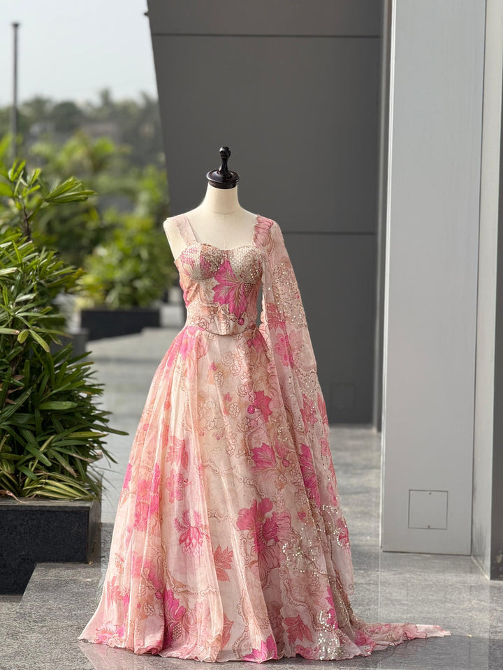 Blush Pink Floral Digital Print Organza Lehenga Gown Set with Pearl & Sequin Embroidered Corset