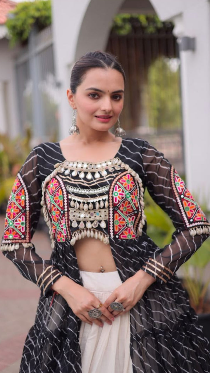 Women’s Black Leheriya Long Jacket with Embroidered Yoke & Off-White Tiered Skirt