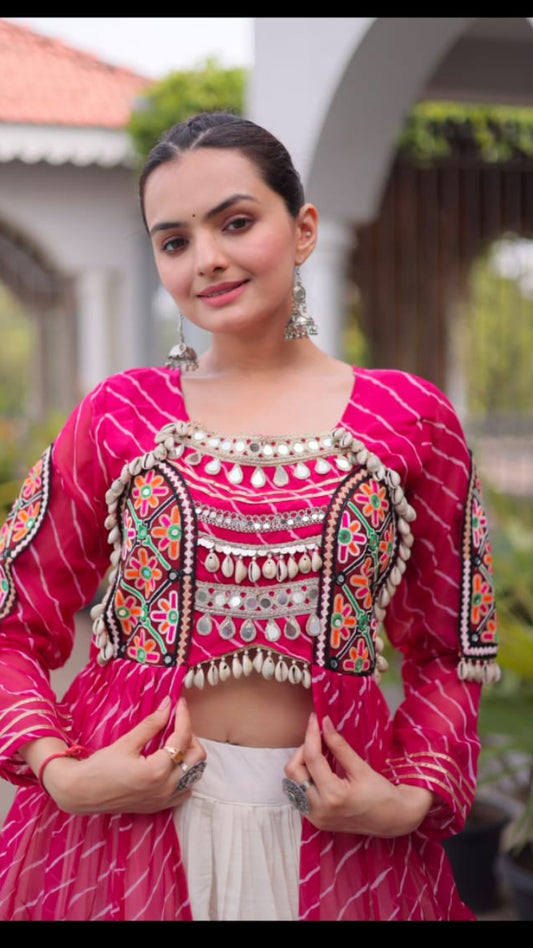 Women’s Rani Pink Leheriya Long Jacket with Embroidered Yoke & Off-White Tiered Skirt
