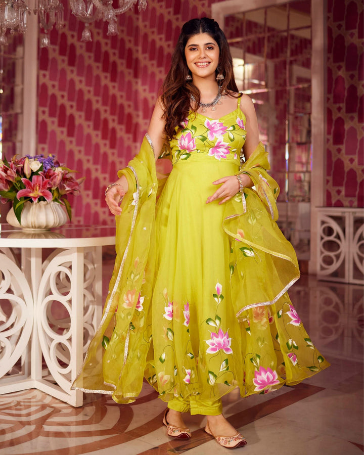 Women’s Lime Green Hand-Painted Lotus Floral Anarkali Suit Set with Organza Dupatta