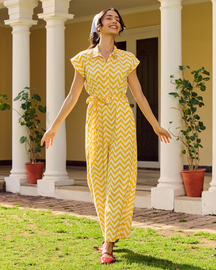 Women’s Bright Yellow Chevron Printed Cotton Jumpsuit with Belt