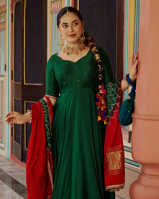 Women’s Bottle Green Silk Anarkali Suit Set with Contrast Red Bandhani & Gold Zari Dupatta
