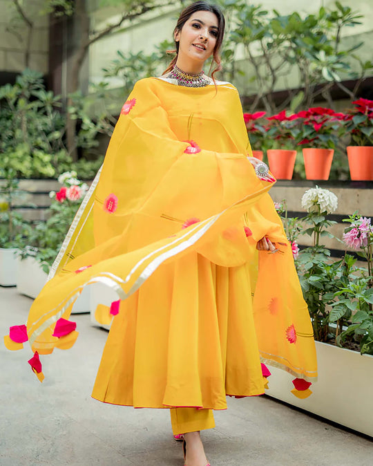 Women’s Bright Yellow Anarkali Suit Set with Hand-Painted Floral Organza Dupatta