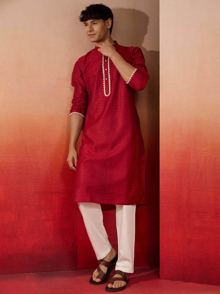 Men's Deep Red Printed Cotton Silk Straight Kurta with Off-White Lace Embellishment