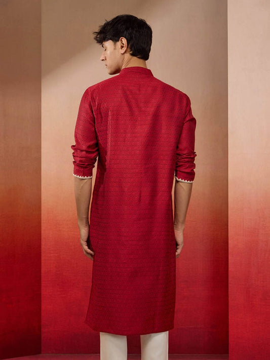 Men's Deep Red Printed Cotton Silk Straight Kurta with Off-White Lace Embellishment