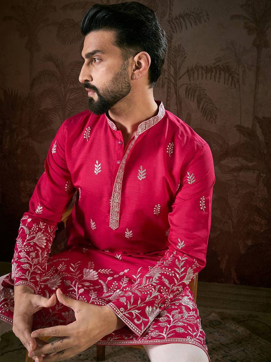 Men's Magenta Silk Embroidered Straight Kurta with Floral Border & Sleeve Details