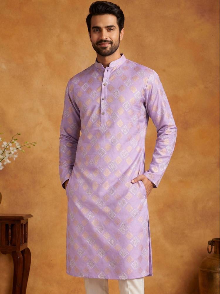 Men's Lavender Silk Jacquard Straight Kurta with Gold Geometric Motif Weave