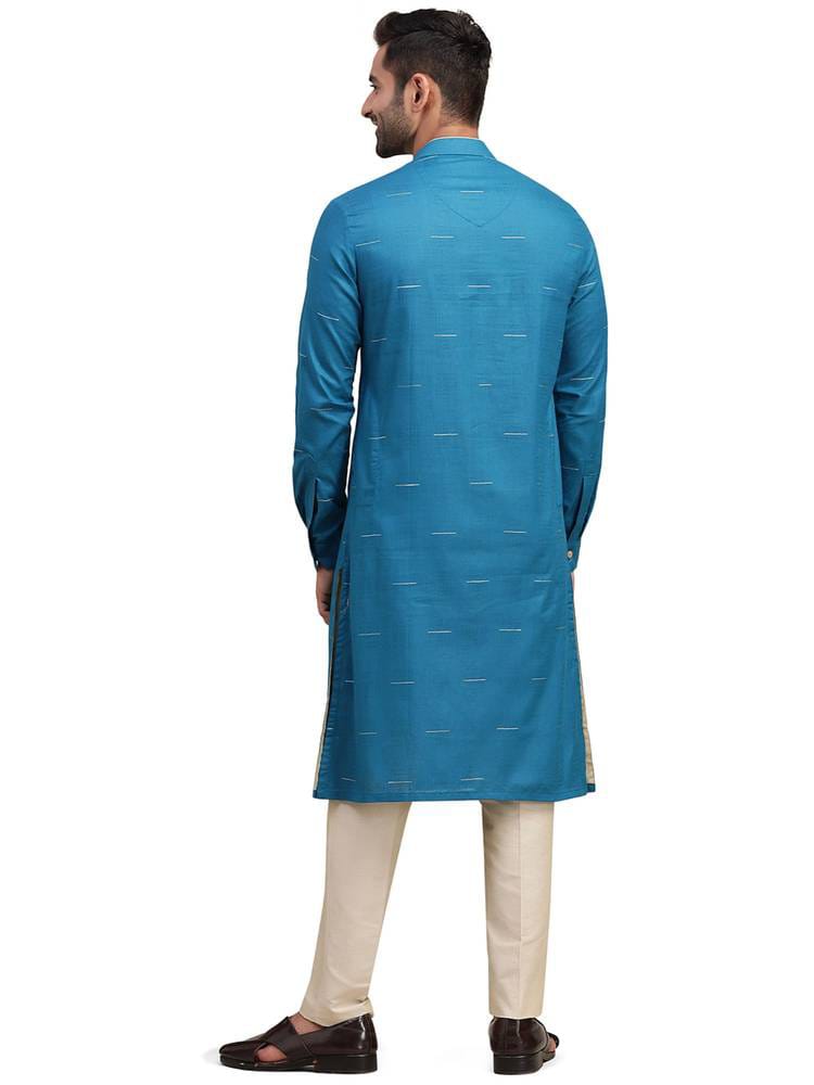 Men's Peacock Blue / Teal Silk Kurta with Gold Dash Stripe Weave & Asymmetric Placket