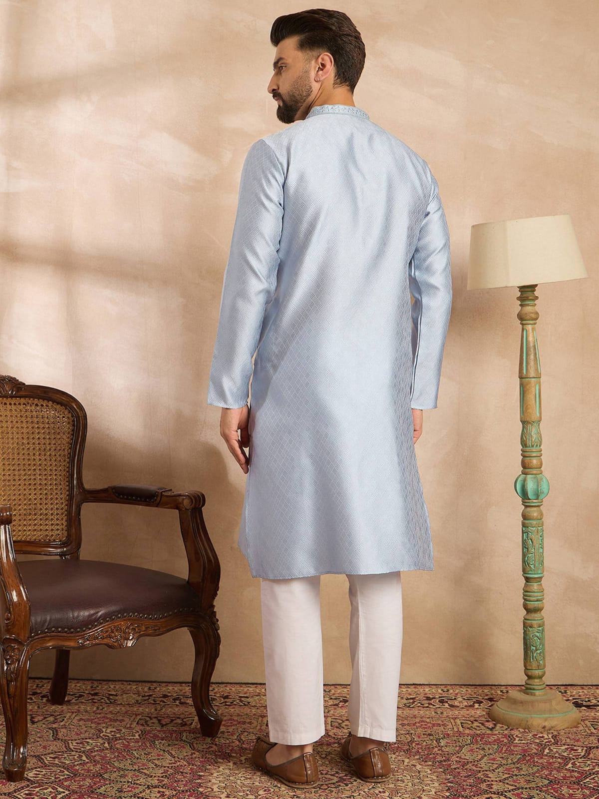 Men's Ice Blue Silk Kurta with Tonal Embroidered Placket & Mandarin Collar