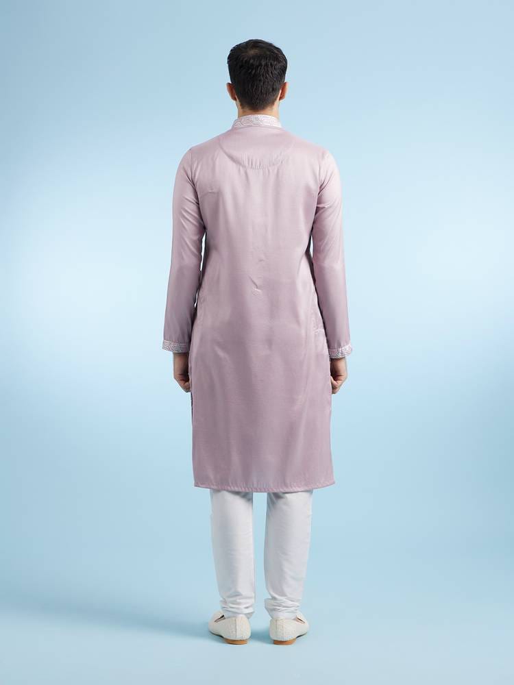 Men's Mauve Pink Silk Embroidered Straight Kurta with Hummingbird & Floral Hem Motifs