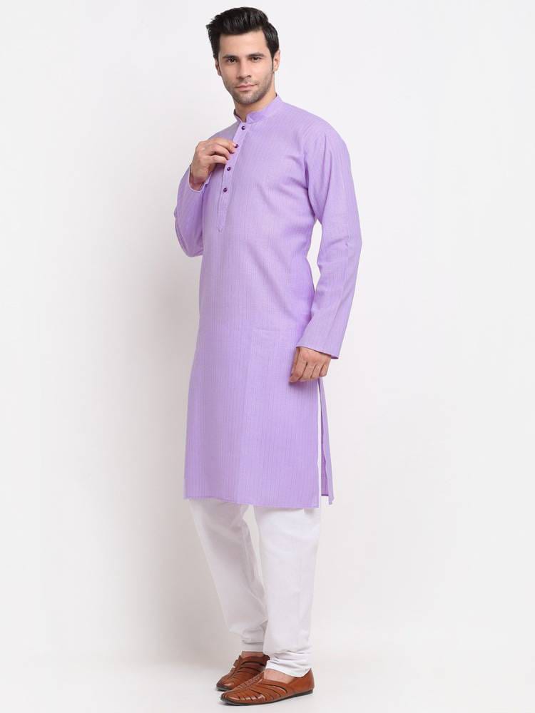 Men’s Soft Lavender Striped Cotton Long Kurta with White Churidar Pyjama Set