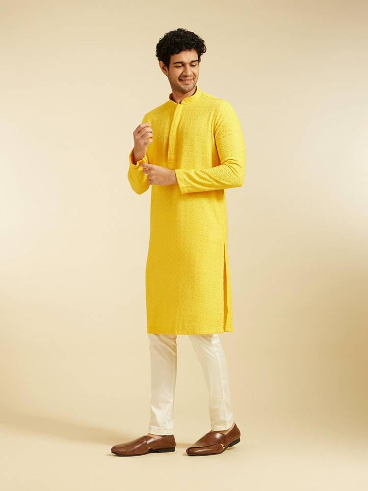 Men’s Bright Yellow Lucknowi Chikankari Embroidered Cotton Kurta