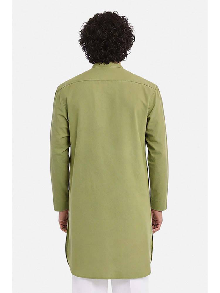 Men’s Sage Green Cotton-Linen Pathani Style Kurta with Dual Flap Pockets