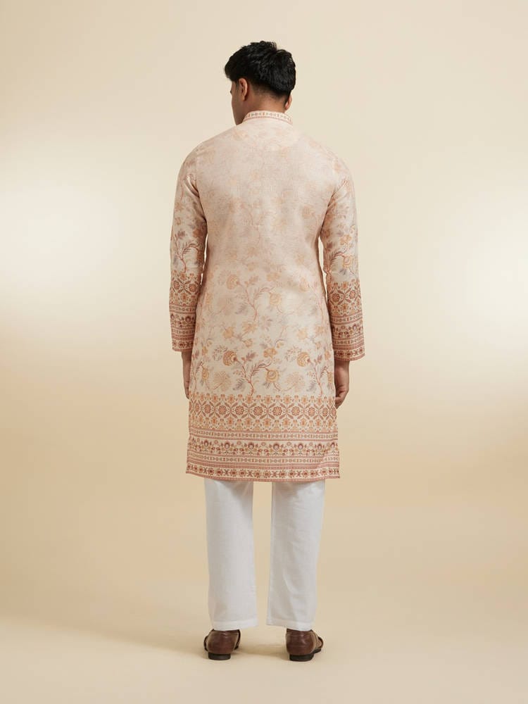 Men’s Beige Floral Printed Chanderi Silk Kurta with Printed Hem & Cuff Border