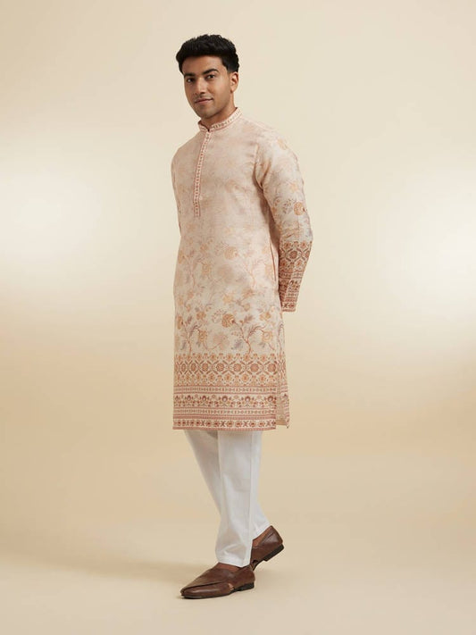Men’s Beige Floral Printed Chanderi Silk Kurta with Printed Hem & Cuff Border