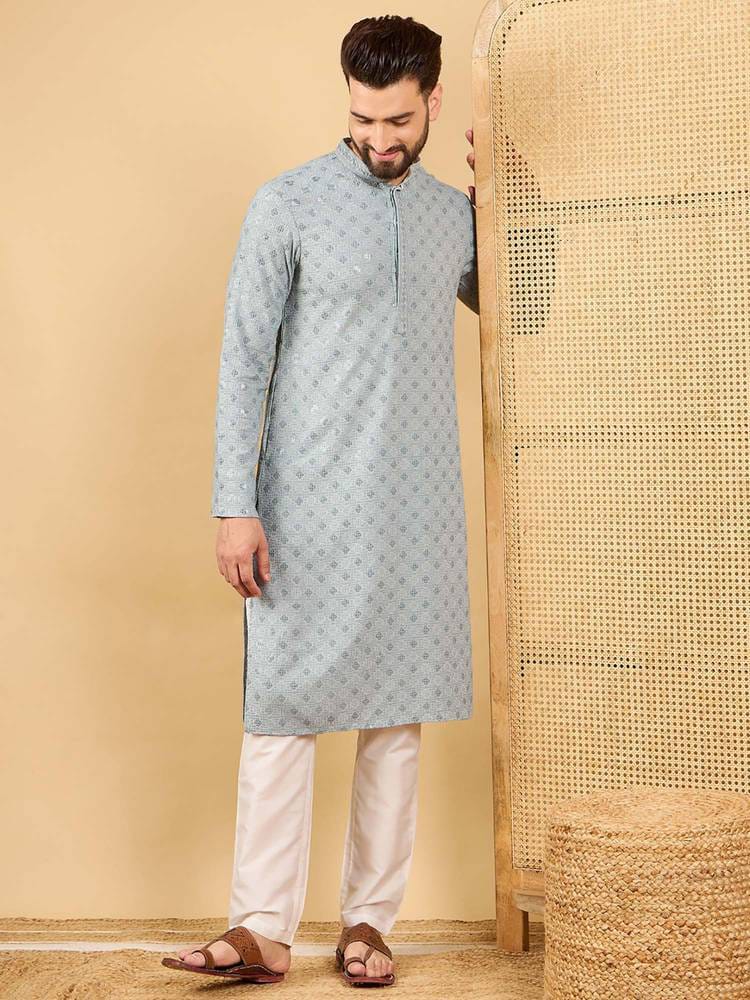 Men’s Light Grey Micro-Geometric Printed Kurta with Off-White Pyjama Set