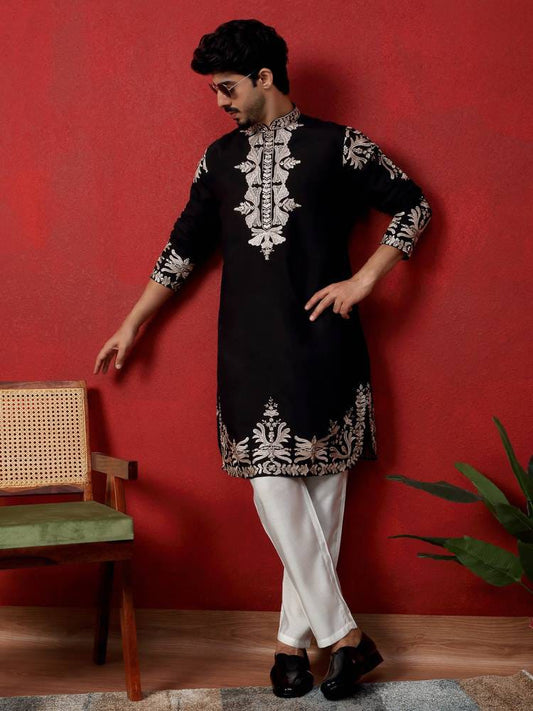 Men’s Jet Black Heavy Embroidered Festive Kurta with Silver/Beige Threadwork