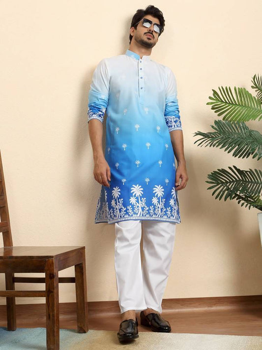 Men’s Sky Blue Ombre Palm Tree Printed Cotton Kurta