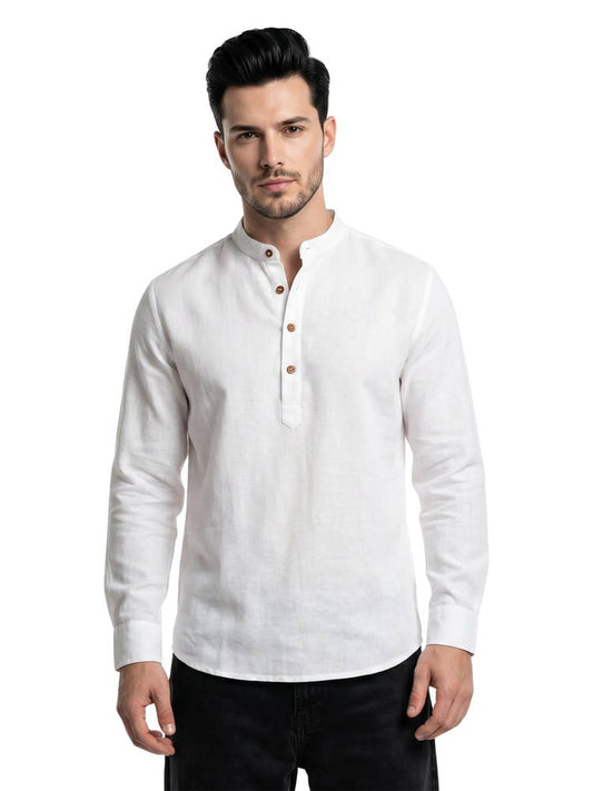 Men’s Pure White Linen Short Kurta Shirt with Wooden Buttons