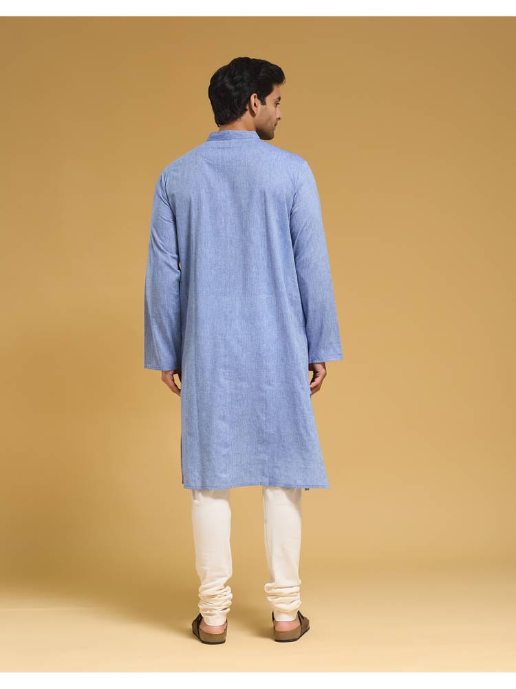 Men’s Sky Blue Pintuck Cotton Slub Kurta with Contrast Loop Buttons
