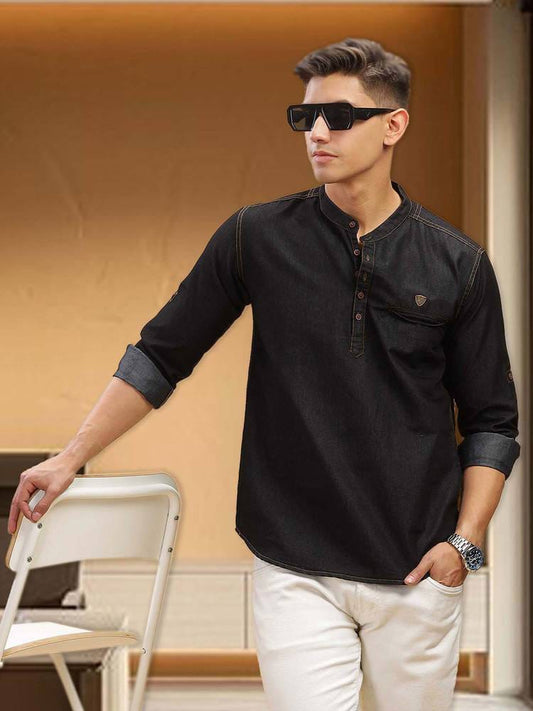 Men’s Black Denim Short Kurta with Contrast Stitching & Roll-Up Sleeves
