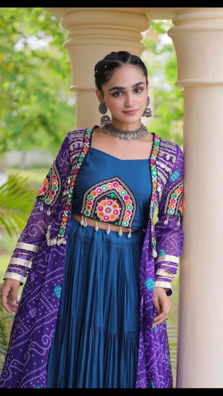 Royal Purple & Teal Blue Embroidered Indo-Western 3-Piece Ethnic Set with Long Jacket