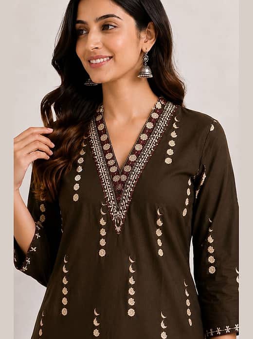 Women's Olive Green Printed Kurta with Trousers Set – V-Neck Ethnic Suit Set