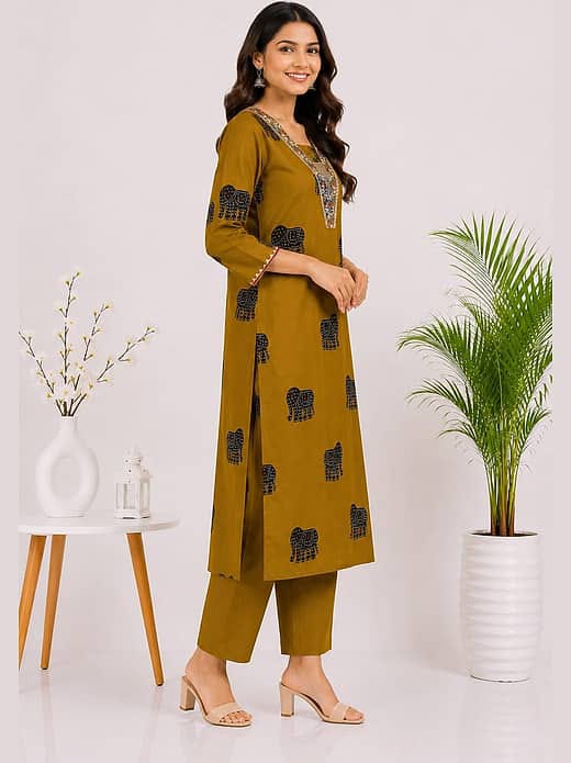 Women's Mustard Yellow Elephant Printed Kurta with Trousers Set – V-Neck Embroidered Ethnic Suit Set