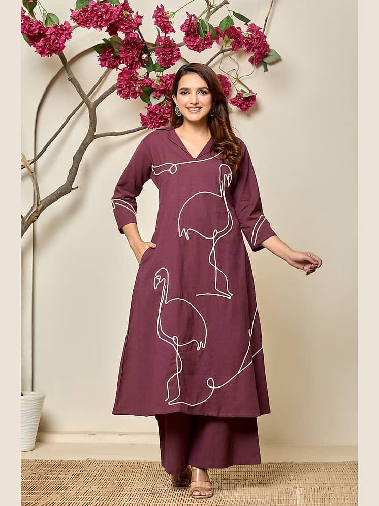 Women's Wine Purple Flamingo One-Line Embroidered Kurta with Palazzo Pants Set – Modern Fusion Ethnic Set