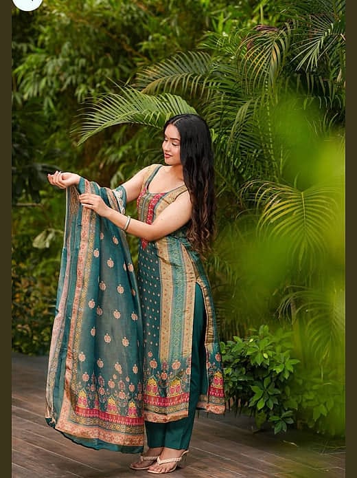 Women's Teal Green Printed Chanderi Silk Kurta Set with Matching Dupatta & Trousers