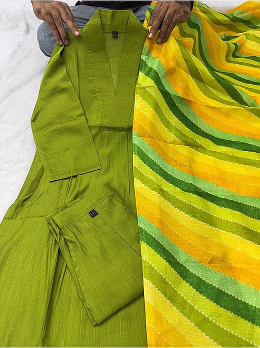 Women's Olive Green Silk Blend Collar Kurta with Trousers & Leheriya Dupatta Set
