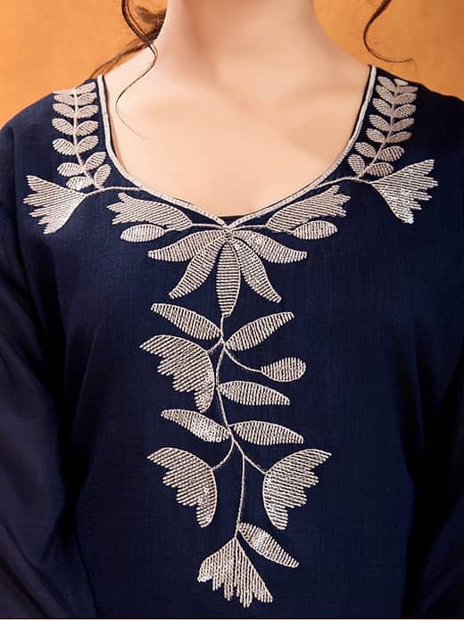Women's Navy Blue Embroidered Cutwork Kurta with Trousers & Organza Dupatta Set – Elegant Ethnic Suit Set