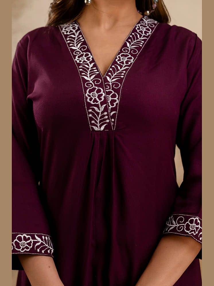 Women's Deep Plum Purple Embroidered A-Line Kurta with Trousers Set – Elegant Ethnic Suit Set