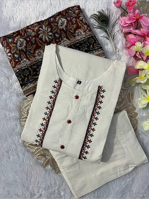 Women's Cream Silk Blend Embroidered Kurta with Trousers & Kalamkari Printed Dupatta Set