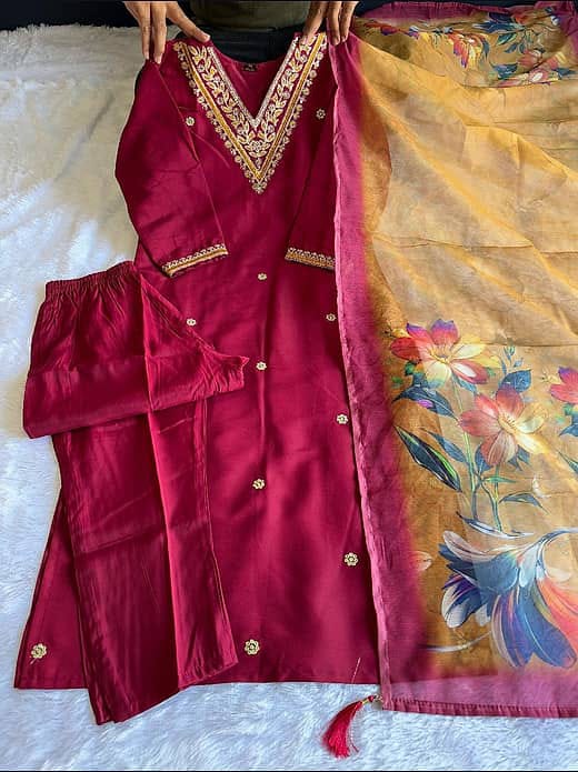 Women's Deep Wine Red Embroidered V-Neck Kurta with Trousers & Mustard Yellow Floral Digital Printed Dupatta Set