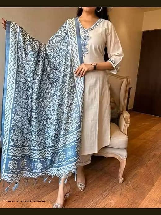 Women's Cream & Off-White Embroidered Kurta with Trousers & Floral Block Print Dupatta Set
