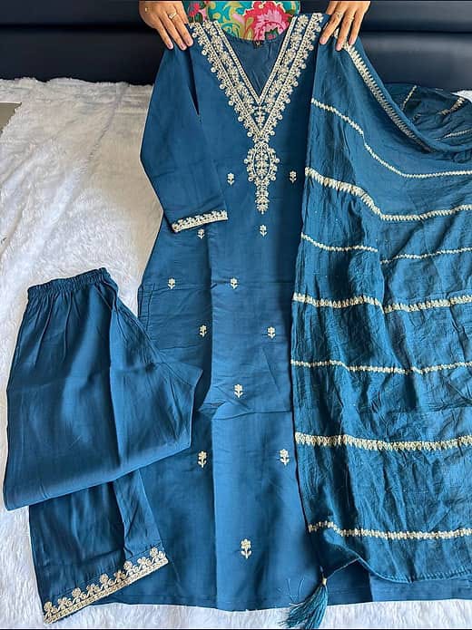 Women's Teal Blue Silk Blend Gold Zari Embroidered V-Neck Kurta with Trousers & Dupatta Set