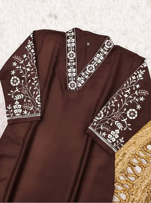 Women's Chocolate Brown Silk Blend Thread Embroidered V-Neck Kurta with Trousers Set