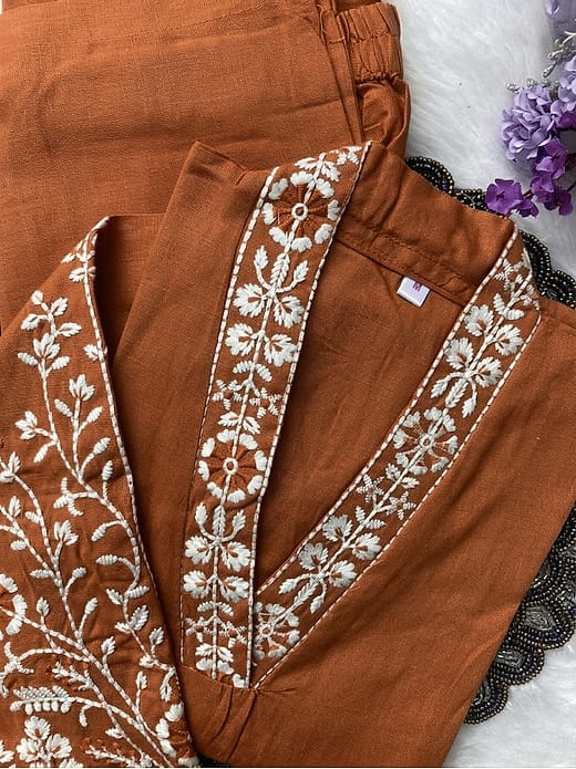 Women's Rust Orange Silk Blend Thread Embroidered V-Neck Kurta with Trousers Set
