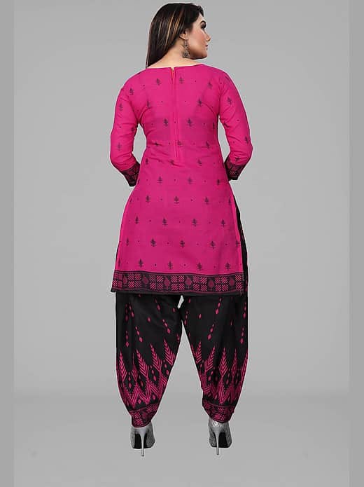 Women's Rani Pink & Black Printed Cotton Patiyala Kurta Suit Set with Printed Dupatta