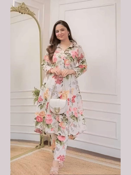 Women's Cream Floral Printed Collared A-Line Kurta with Matching Trousers Set