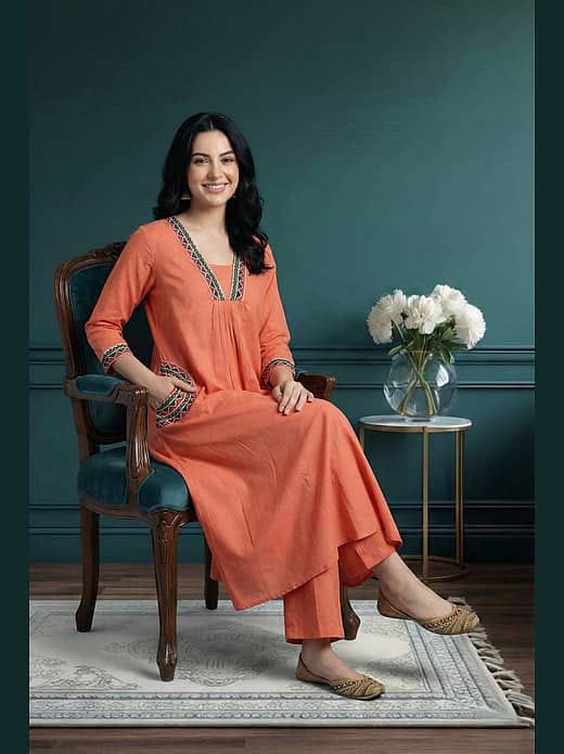 Women's Peach / Coral Pink Cotton A-Line Kurta with Side Pockets & Matching Wide-Leg Trousers Set