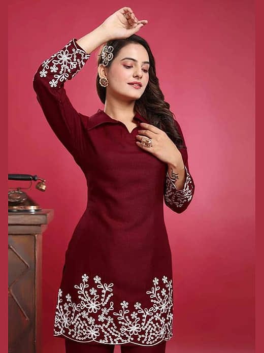 Women's Maroon / Wine Cutwork Embroidered Short Kurti with Trousers Co-Ord Set