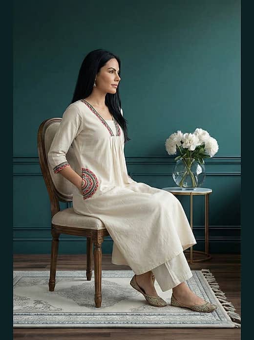 Women's Cream / Off-White Cotton Flared A-Line Kurta with Side Pockets & Matching Wide-Leg Trousers Set