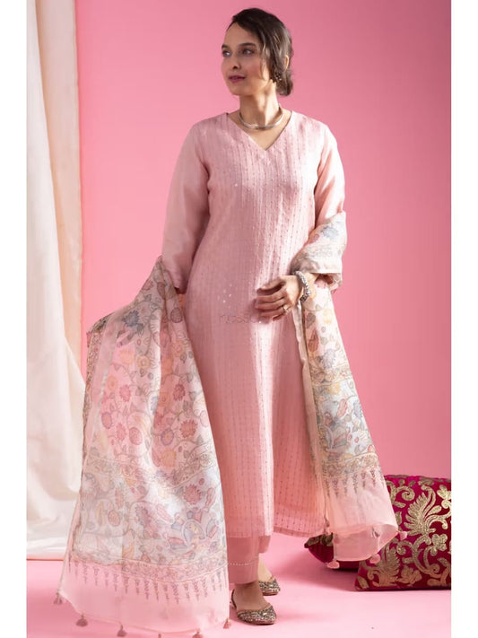 Women's Pastel Pink Chanderi Silk Sequin Embroidered Kurta Set with Botanical Printed Organza Dupatta